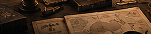 Concept art of a research desk with books, a compass and a hand-drawn map. It is not a historical source.