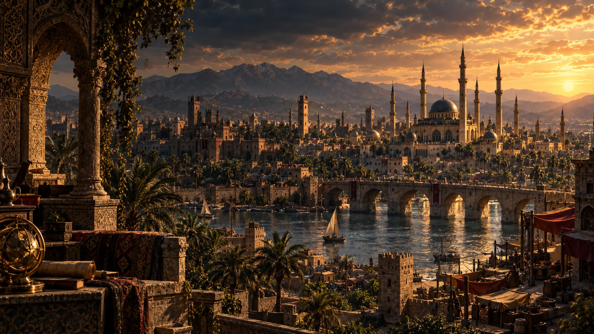 Concept art of a medieval city by a river at sunset, seen from a terrace.
