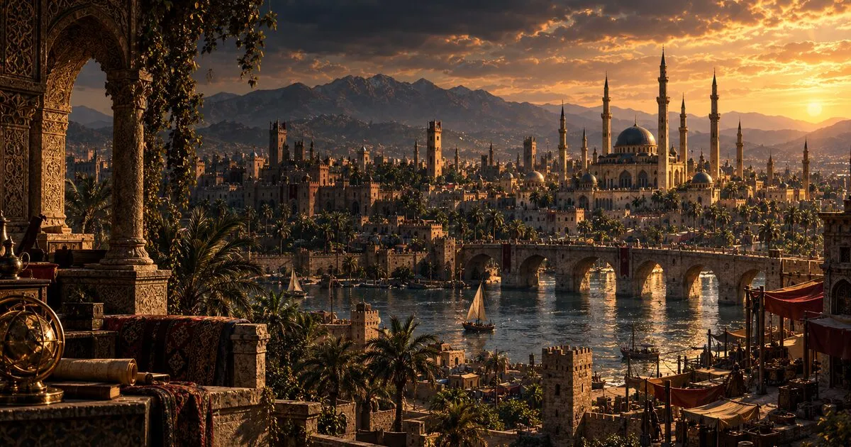 Concept art of a medieval city by a river at sunset, used when a page of this site is shared.