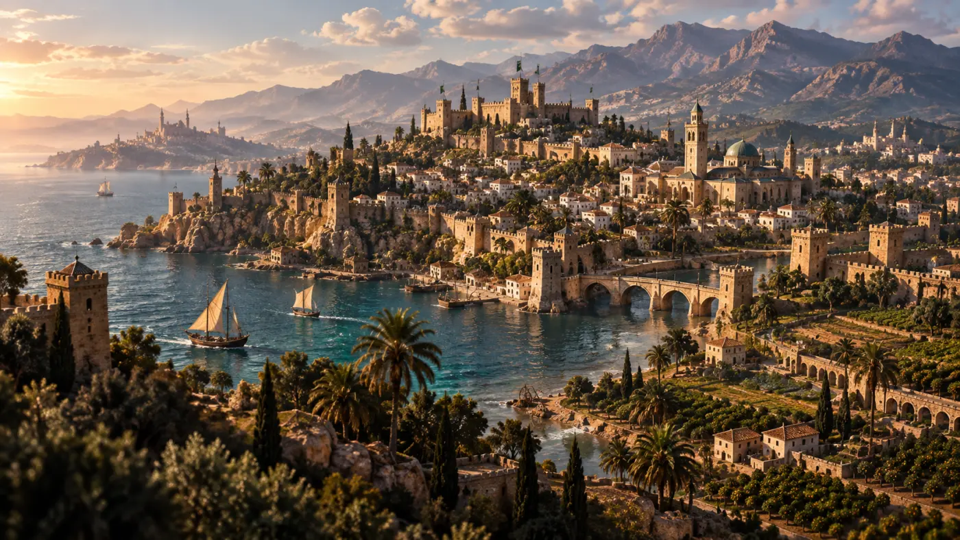 Coastal medieval city, bridge and cultivated land, in the spirit of the Al-Andalus campaign.